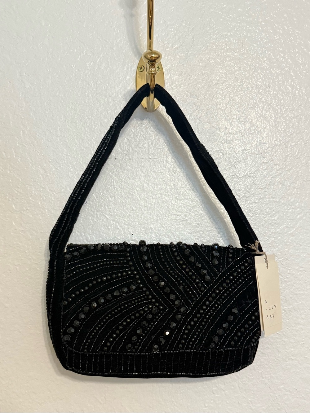 A New Day - Black Beaded Velvet Shoulder Bag
